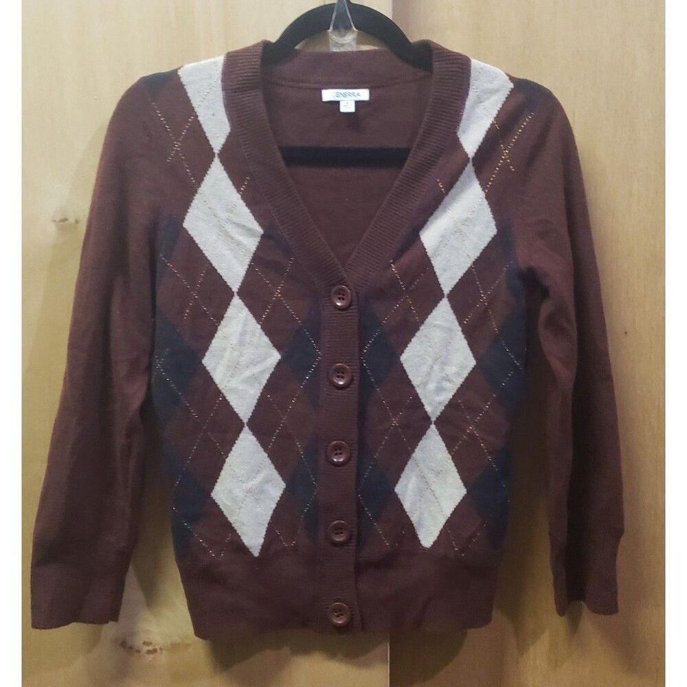 GENERRA Cashmere Argyle Cardigan Sz M  TTT BROWN/BEIGE/GOLD THREAD AS IS